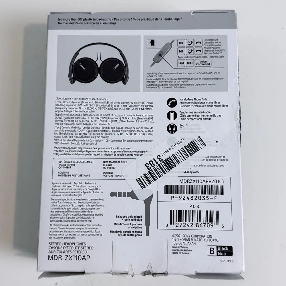 Sony On-Ear Headphones MDR-ZX110AP NIP Open Box